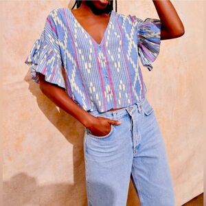 SAYLOR Blue and Purple Flutter Sleeve Crop Blouse